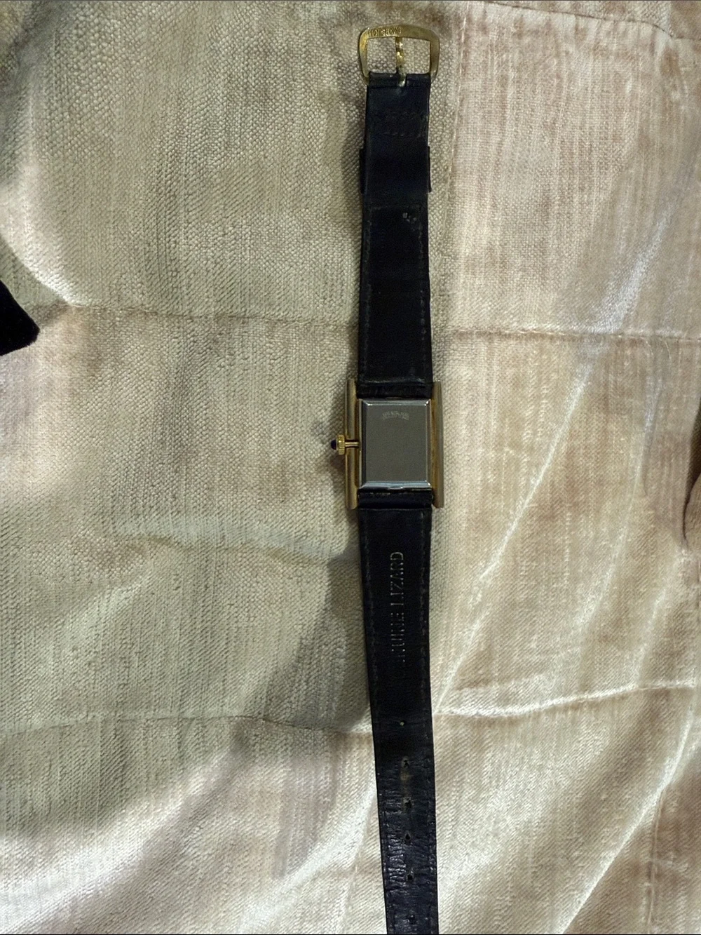 Vintage Omicron tank watch with blue sapphire and genuine lizard strap